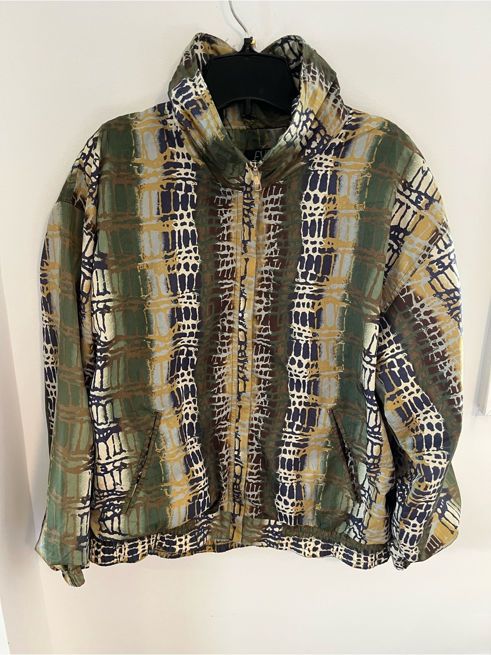 Women’s Vintage Patterned Zip-Up Nylon Jacket in Green & Brown Size Small